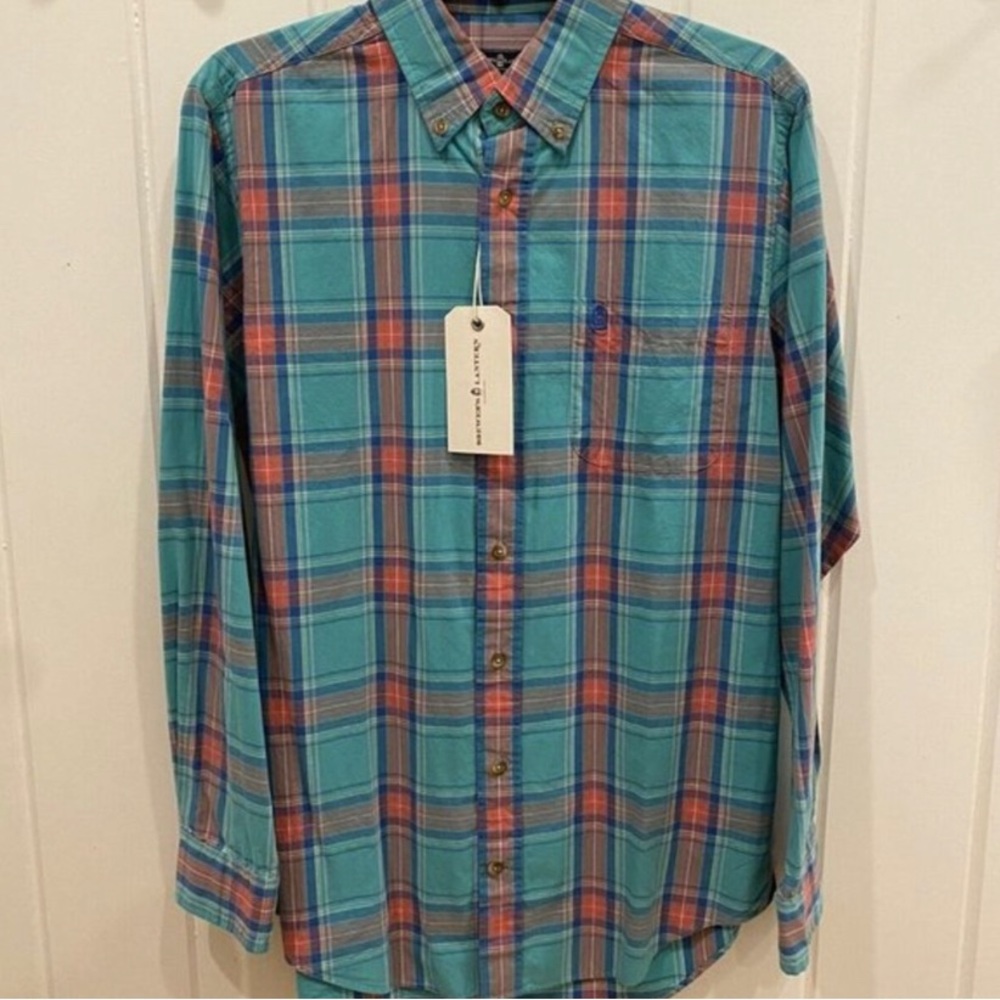 BREWER'S LANTERN NWT Teal Green & Salmon Plaid‎ Button Down Shirt Men's Small